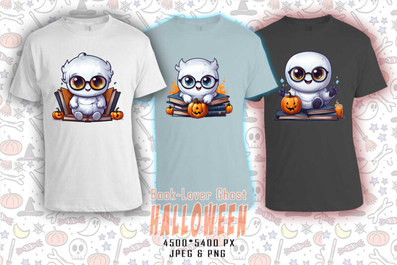 Colourful Halloween Bookish Ghost t-shirt design bundle with 20 designs – download instantly Retro Vintage T-shirt Illustration