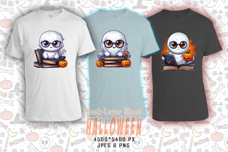 Colourful Halloween Bookish Ghost t-shirt design bundle with 20 designs – download instantly Retro Vintage T-shirt Illustration