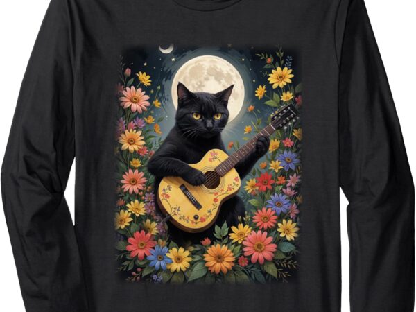Black cat playing guitar floral moon cottagecore aesthetic long sleeve t-shirt