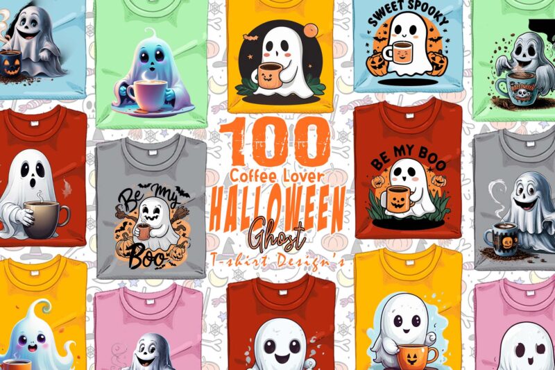 Watercolour Spooky Coffee Lover Ghost Halloween t-shirt design bundle of 100 design
