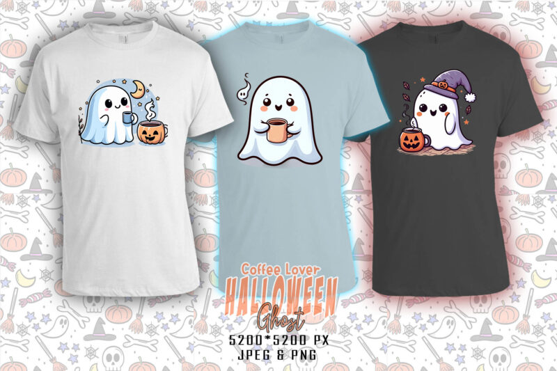 Retro Halloween Party with Coffee Lover Ghost t-shirt design bundle of 20 designs – download instantly