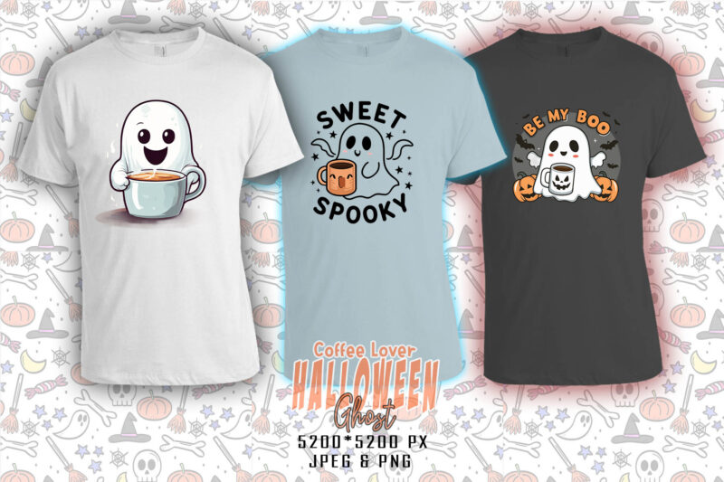 Watercolour Spooky Coffee Lover Ghost Halloween t-shirt design bundle of 100 design