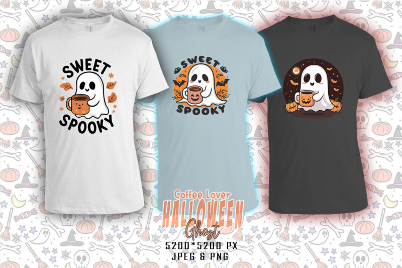 Magical Coffee Party of Halloween Cute Ghost t-shirt design bundle of 20 designs – download instantly Retro Vintage Tee