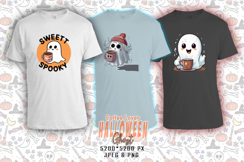 Watercolour Spooky Coffee Lover Ghost Halloween t-shirt design bundle of 100 design