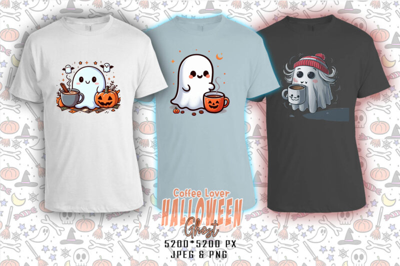 Retro Halloween Party with Coffee Lover Ghost t-shirt design bundle of 20 designs – download instantly