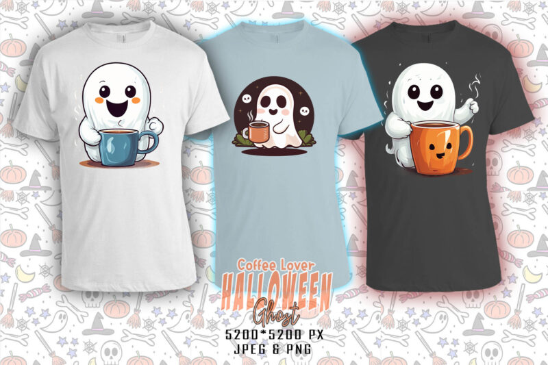Watercolour Spooky Coffee Lover Ghost Halloween t-shirt design bundle of 100 design