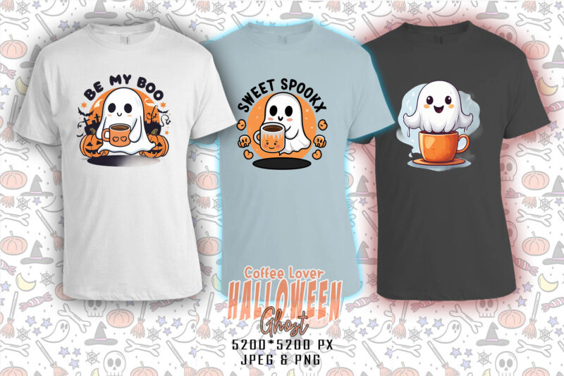Watercolour Spooky Coffee Lover Ghost Halloween t-shirt design bundle of 100 design