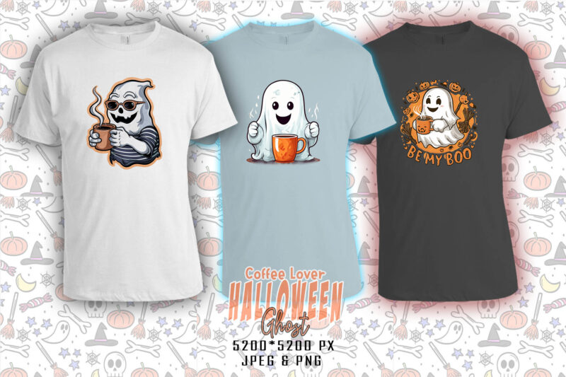 Watercolour Spooky Coffee Lover Ghost Halloween t-shirt design bundle of 100 design