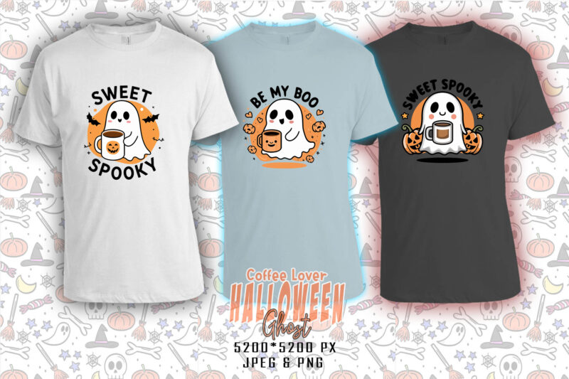 Magical Coffee Party of Halloween Cute Ghost t-shirt design bundle of 20 designs – download instantly Retro Vintage Tee