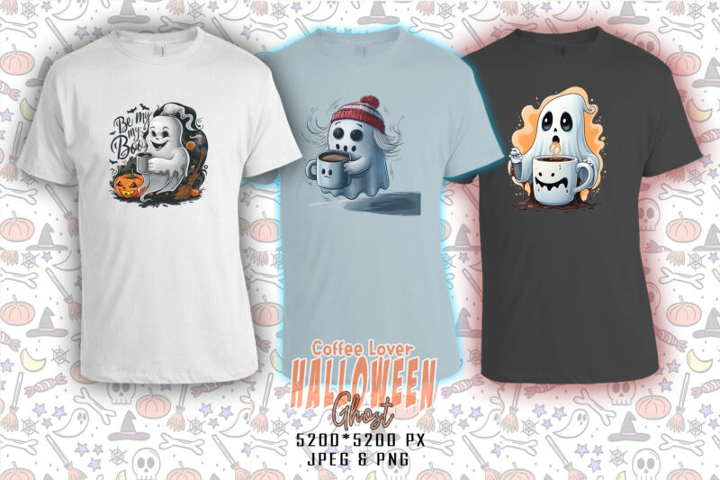 Watercolour Spooky Coffee Lover Ghost Halloween t-shirt design bundle of 100 design