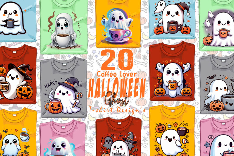 20 Halloween Party with Coffee Lover Ghost t-shirt design bundle