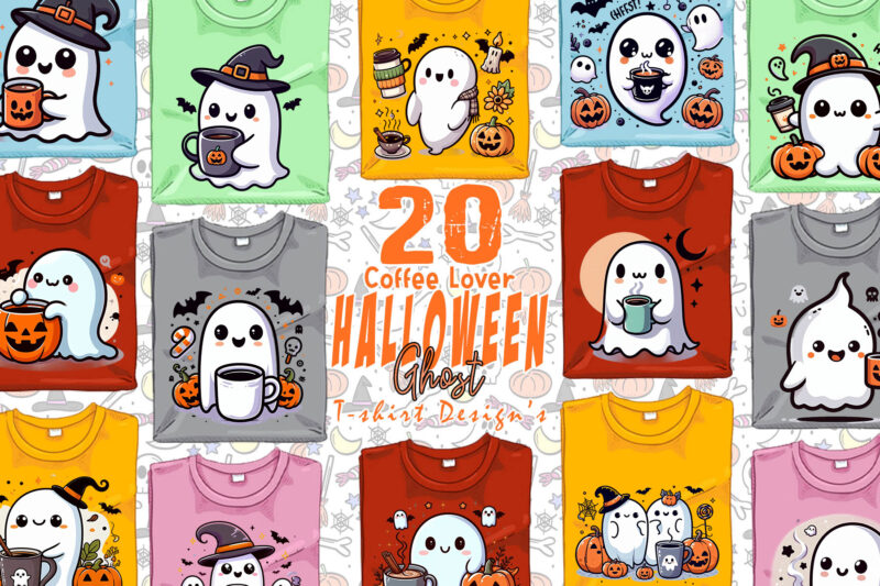Colourful Halloween Coffee Party with Ghost t-shirt design bundle of 20 design