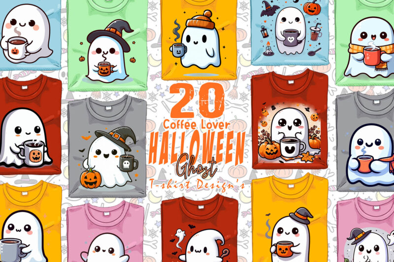 Retro Halloween Party with Coffee Lover Ghost t-shirt design bundle of 20 designs – download instantly