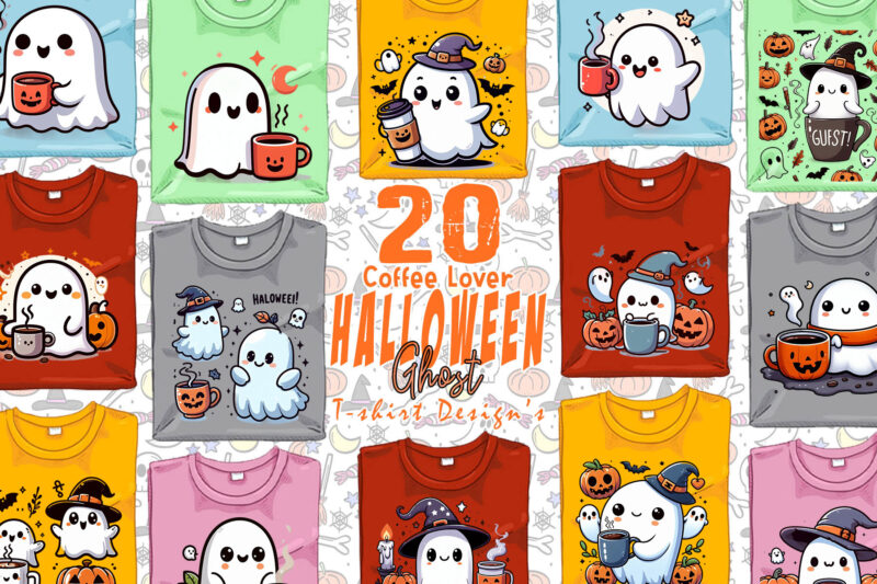 Abstract Coffee Lover Ghost Halloween t-shirt design bundle of 20 png & jpeg designs – download instantly