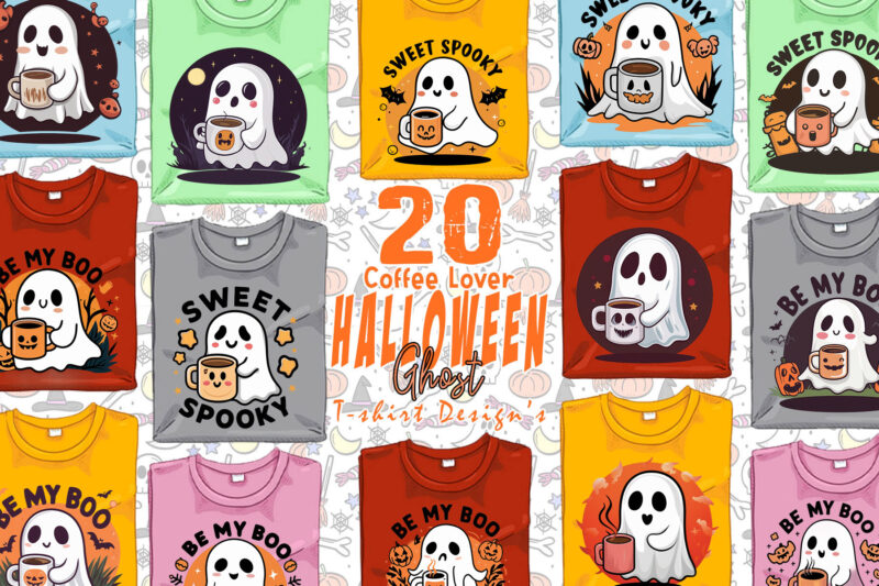 Magical Coffee Party of Halloween Cute Ghost t-shirt design bundle of 20 designs – download instantly Retro Vintage Tee