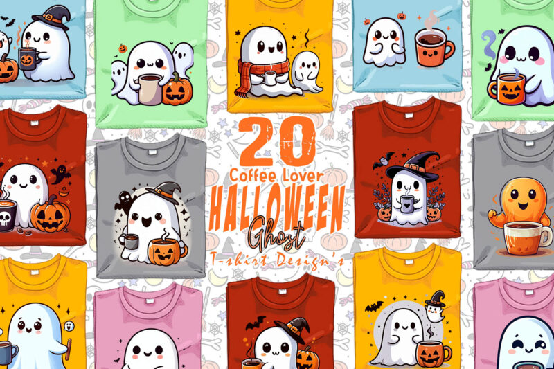 Retro Halloween Party with Coffee Lover Ghost t-shirt design bundle of 20 designs – download instantly Retro Vintage T-shirt Illustration