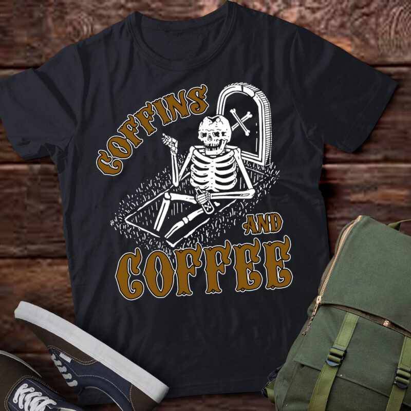 Coffins And Coffee Funny Skeleton Retro Halloween T-Shirt ltsp