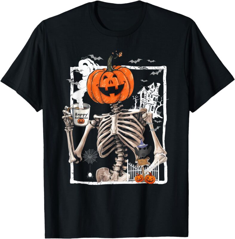 Coffee Drinking Skeleton Pumpkin Halloween Costume Women Men T-Shirt