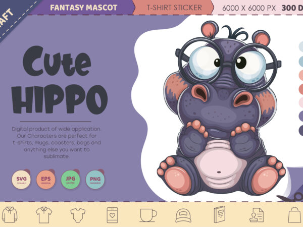 Cute cartoon hippo. t-shirt, png, svg. Cute cartoon hippo. t-shirt, png, svg.