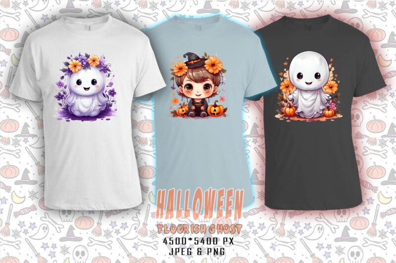 Flowers Lover Ghost Halloween t-shirt design bundle of 20 png & jpeg designs – download instantly