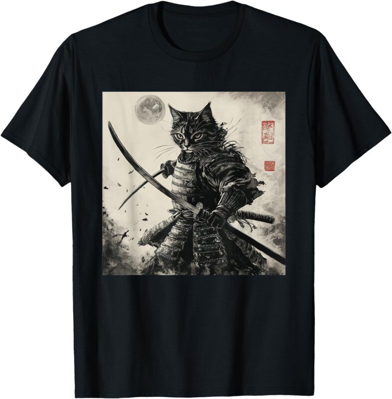 Funny Cat Japanese Samurai Ukiyo-E Art T-Shirt