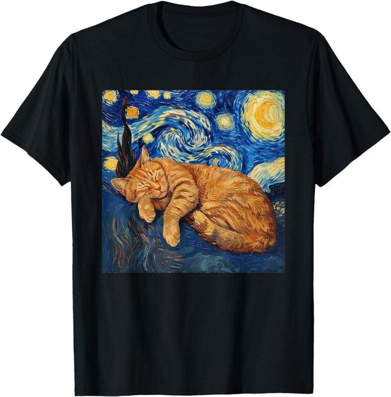 Funny Cat Van Gogh Starry Night T-Shirt