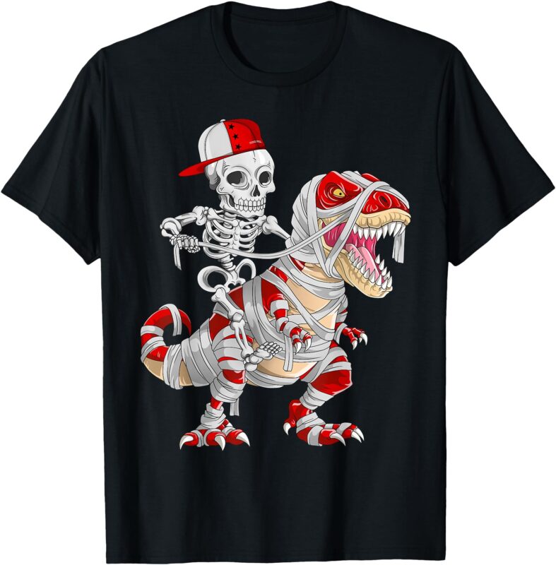 Funny Skeleton Cap Riding Mummy Dinosaur Halloween T-Shirt