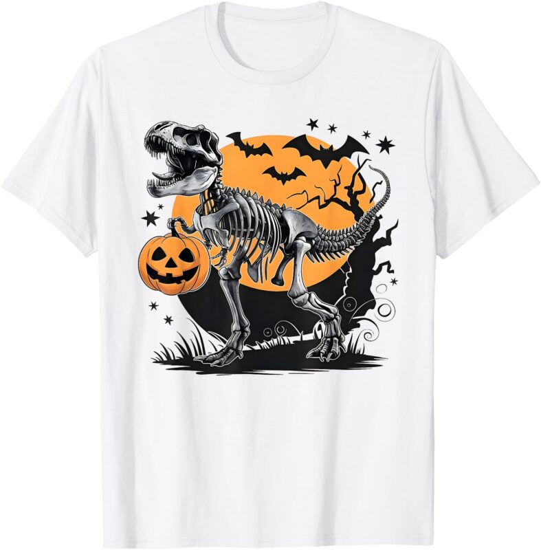 Halloween Boys Dinosaur Skeleton T-rex Scary Pumpkin Moon T-Shirt