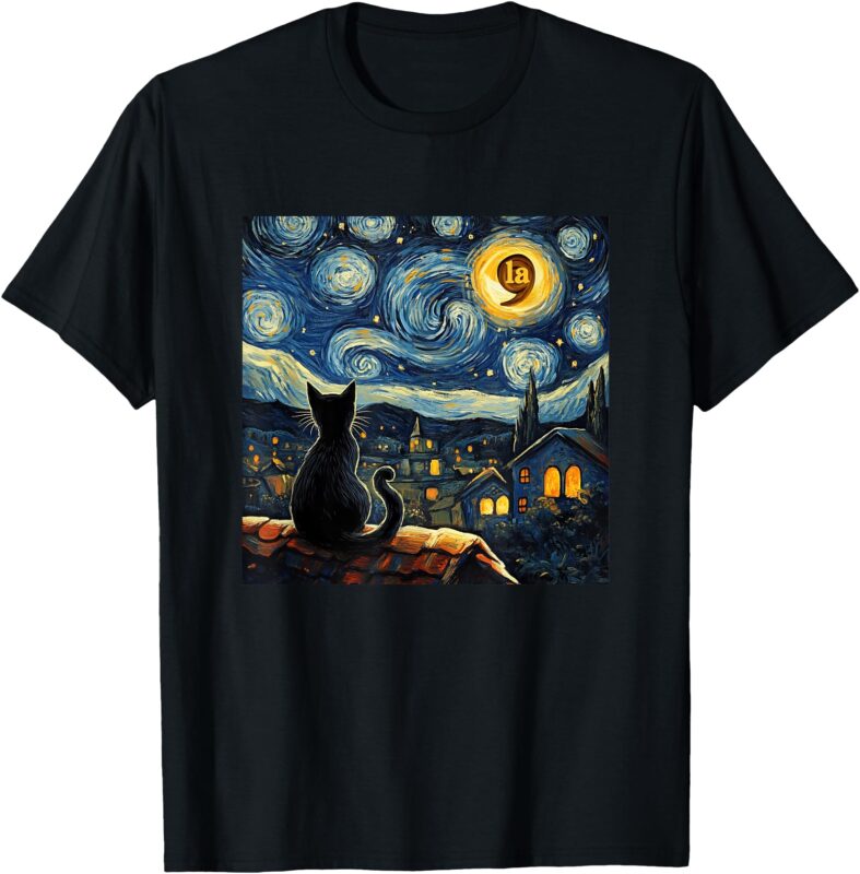 Halloween Starry Night Black Cat Comma La Kamala Harris T-Shirt