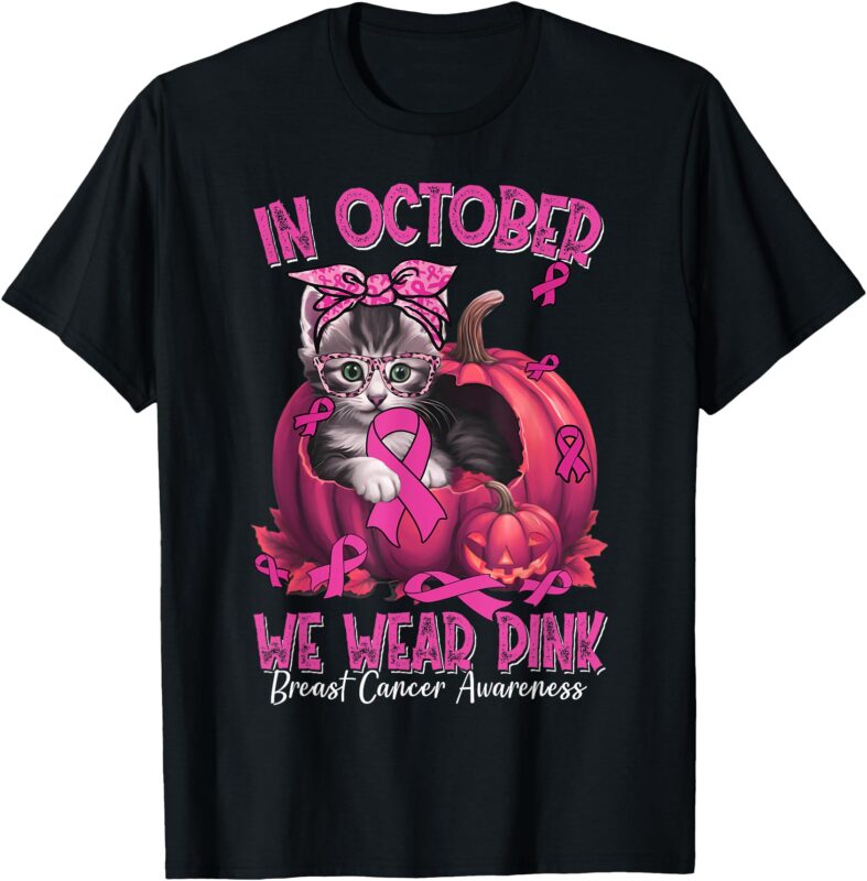 In October We Wear Pink Cat Ribbon Breast Cancer Awareness T-Shirt