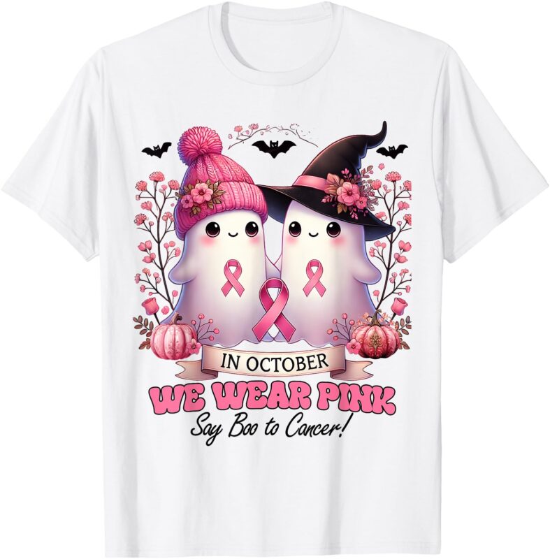 In October We Wear Pink Witch Ghost Pumpkin Breast Cancer T-Shirt