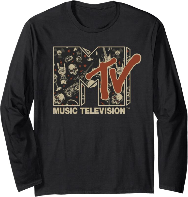 Mademark x MTV – MTV Rock n Roll Music Hard Heavy Metal Skull Guitar Vintage Long Sleeve T-Shirt