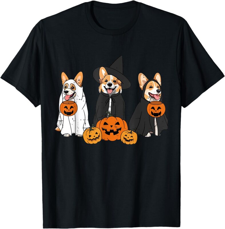 Retro Funny Ghost And Witch Corgi Dog Pumpkin Halloween Cute T-Shirt