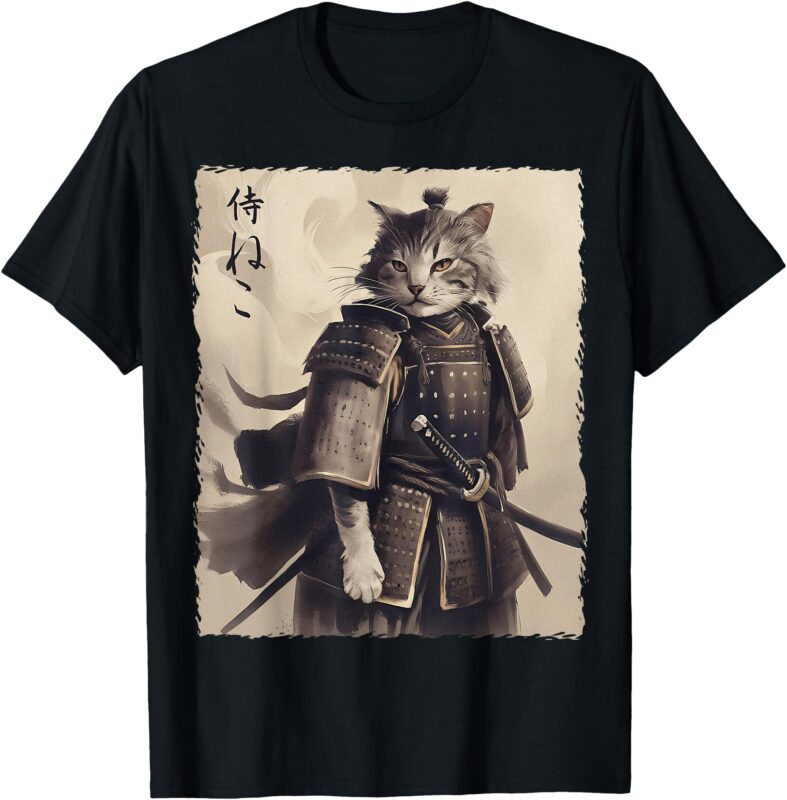 Samurai Cat Vintage Ukiyo e Cool Warrior Cat Japanese Art T-Shirt