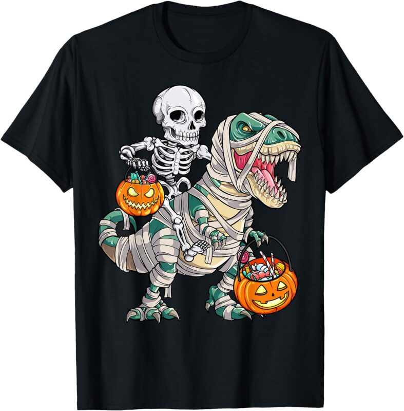 Skeleton on Mummy Dinosaur Halloween Candy Grab T-Shirt T-Shirt