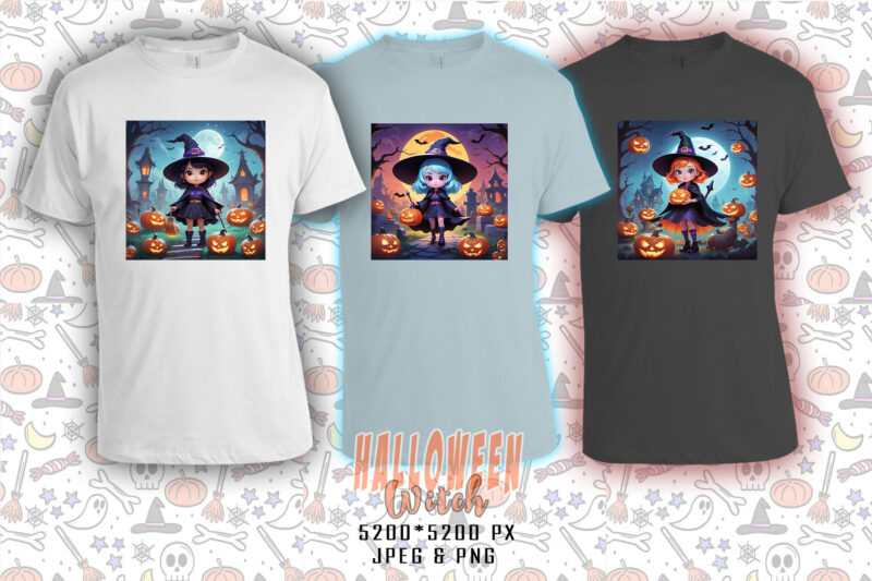 Retro Halloween Cartoon Witch Lady t-shirt design bundle of 20 designs – download instantly Retro Vintage T-shirt Illustration