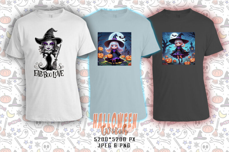 Spooky Cartoon Halloween Witch t-shirt design bundle of 20 png & jpeg designs – download instantly Retro Vintage T-shirt Design Illustration