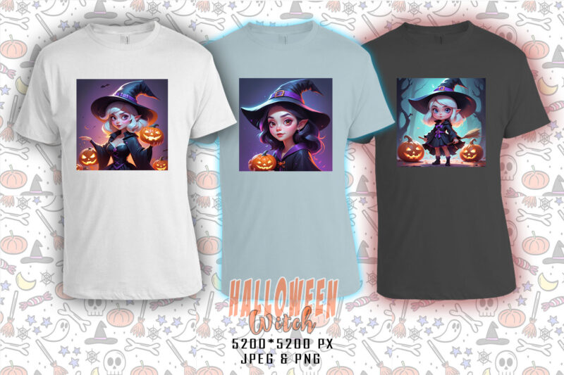 Colourful Halloween Cartoon Witch Party t-shirt design bundle of 20 designs – download instantly Retro Vintage T-shirt Illustration Clipart