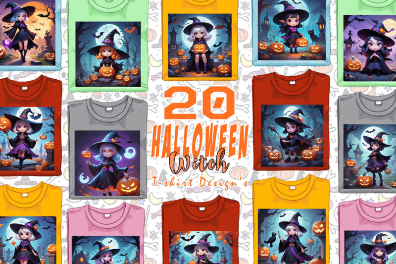 Colourful Halloween Cartoon Witch Party t-shirt design bundle of 20 designs – download instantly Retro Vintage T-shirt Illustration Clipart