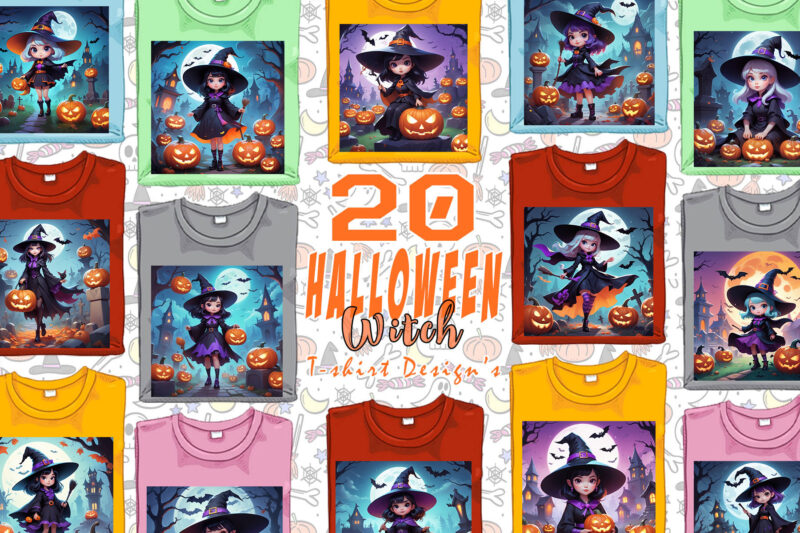 Retro Halloween Cartoon Witch Lady t-shirt design bundle of 20 designs – download instantly Retro Vintage T-shirt Illustration