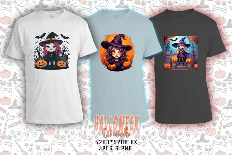 Spooky Halloween Witch t-shirt design bundle of 20 png & jpeg designs – download instantly