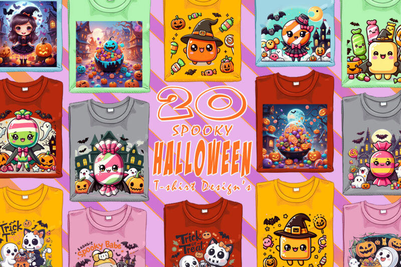 Halloween Candy Ghost t-shirt design bundle with 20 designs – download instantly Retro Vintage T-shirt Illustration Clipart Bundle