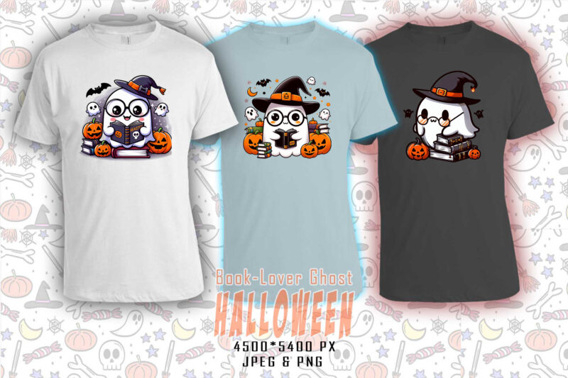 Retro Halloween Book Lover Ghost t-shirt design bundle with 20 designs for POD