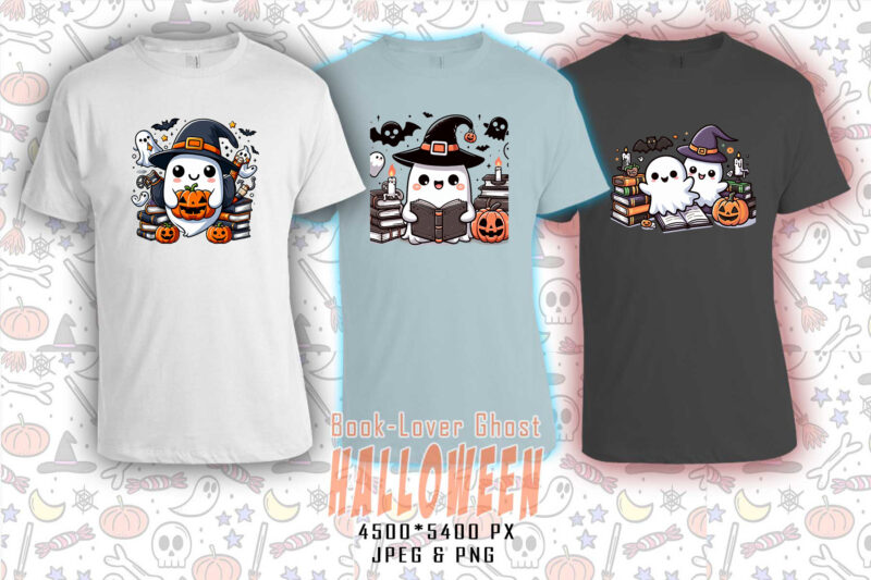 Bookish Ghost Halloween t-shirt design bundle with 20 png & jpeg designs – download instantly