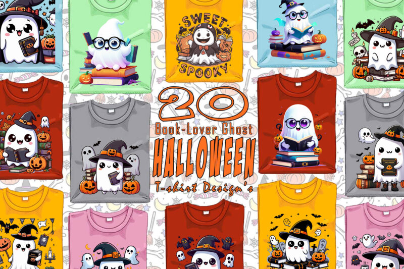 Halloween Spooky Ghost with Book of Halloween t-shirt design bundle with 20 design