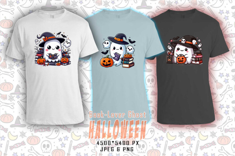 Bookish Ghost Halloween t-shirt design bundle with 20 png & jpeg designs – download instantly