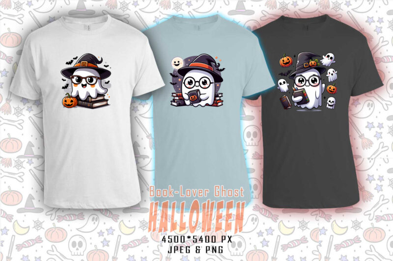 Retro Halloween Book Lover Ghost t-shirt design bundle with 20 designs for POD