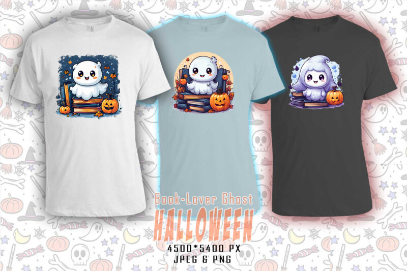 Bookish Ghost Halloween t-shirt design bundle with 20 png & jpeg designs – download instantly for POD