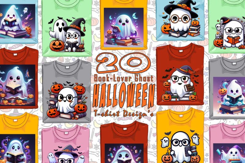 Retro Halloween Book Lover Ghost t-shirt design bundle with 20 designs – download instantly