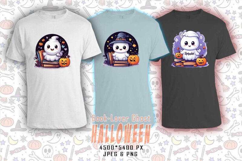 Bookish Ghost Halloween t-shirt design bundle with 20 png & jpeg designs – download instantly for POD